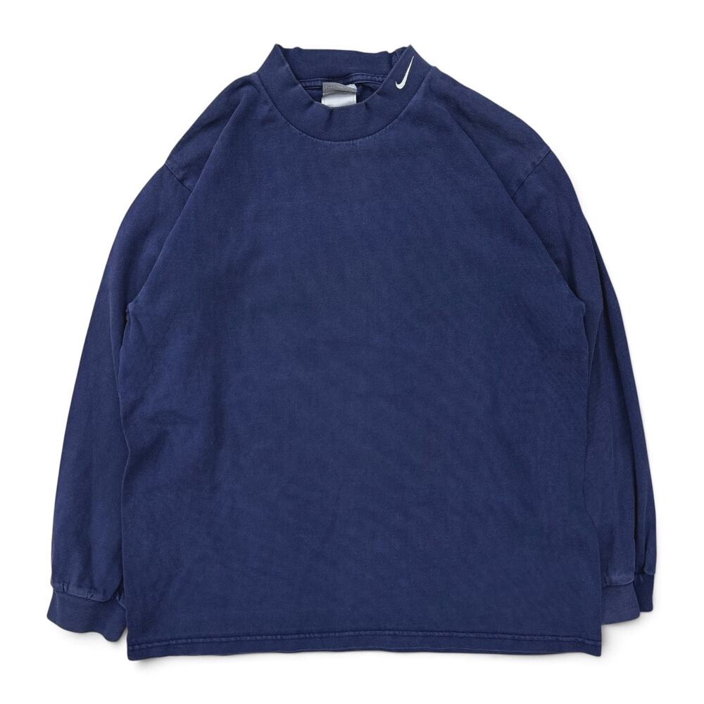 Vintage Y2K Nike Mock Neck Long Sleeve Shirt Navy Blue Embroider Swoosh L Sport